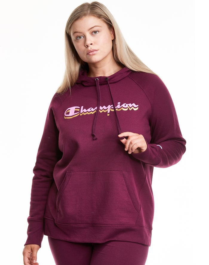 Champion Plus Powerblend Fleece Drop Shadow Foil Script Logo Kadın Kapşonlu Sweatshirt Koyu Mor ( CS